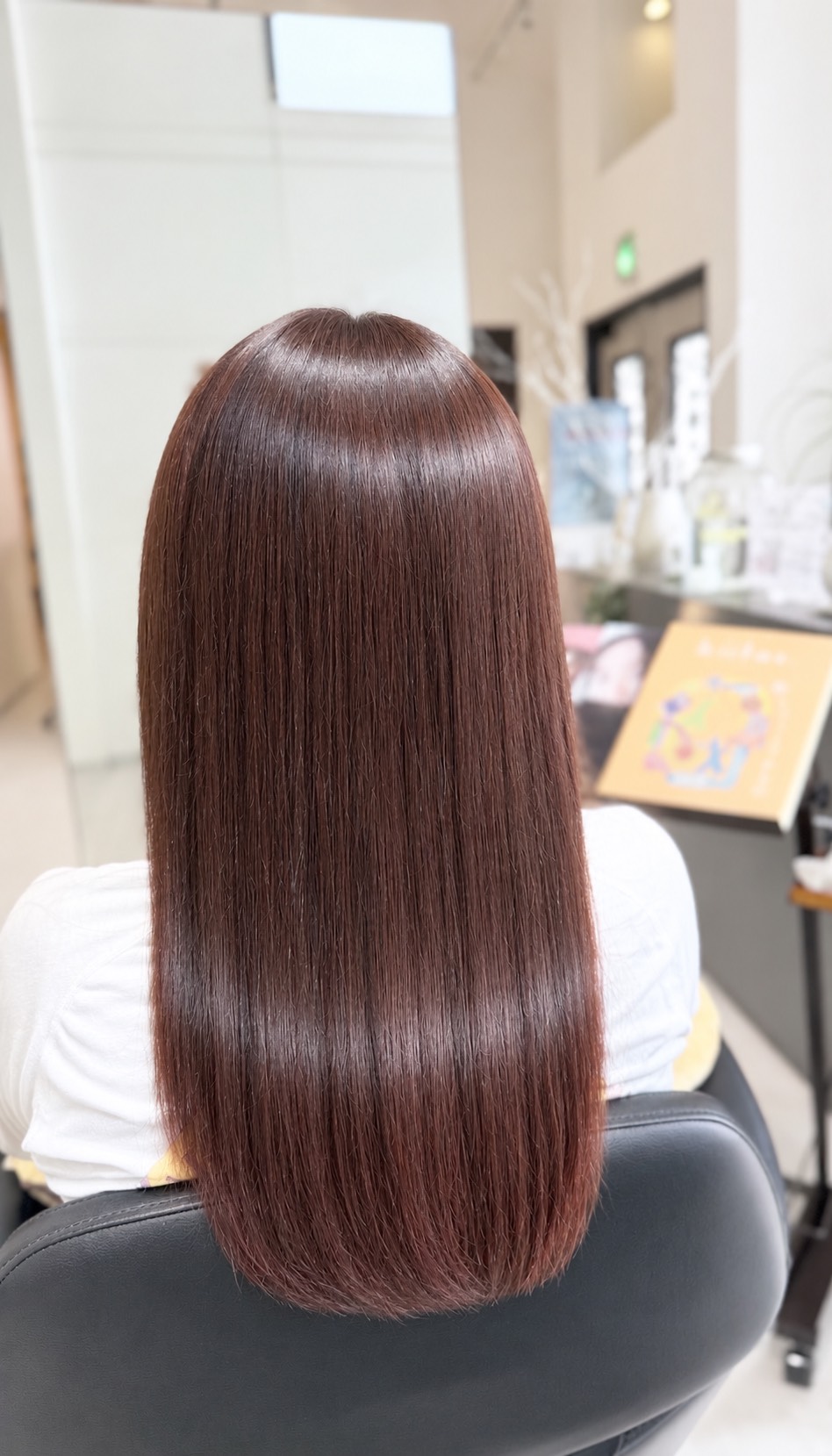 赤みのある深いブラウンで染めた艶感重視のロングストレート 後ろ姿